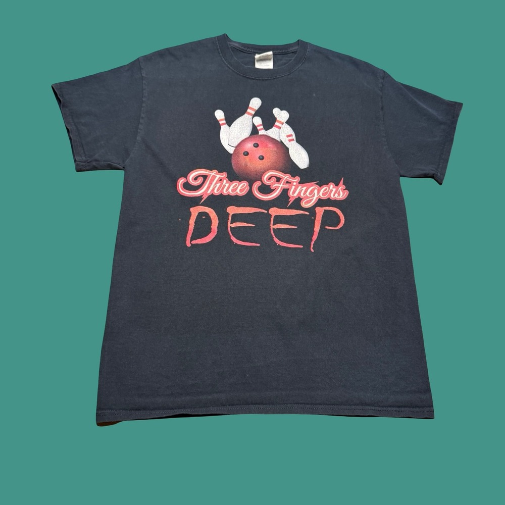 Three Fingers Deep Bowling Y2K Graphic T Shirt Mens M Black Funny Novelty Cotton